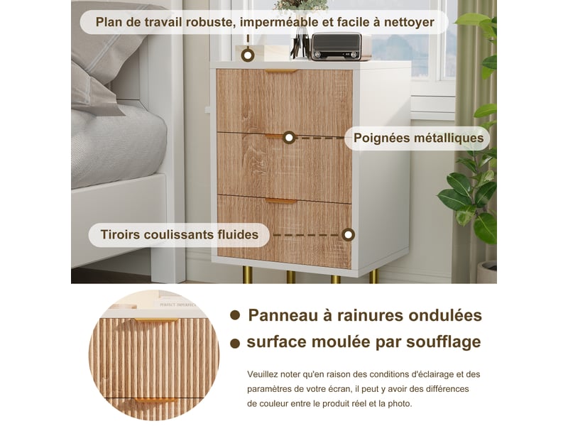  Lot de 2 table de chevet ,table à chevet avec 3 tiroirs ,commode, motif à rayures,40 x 40 x 65 cm, couleur bois  - Conforama D