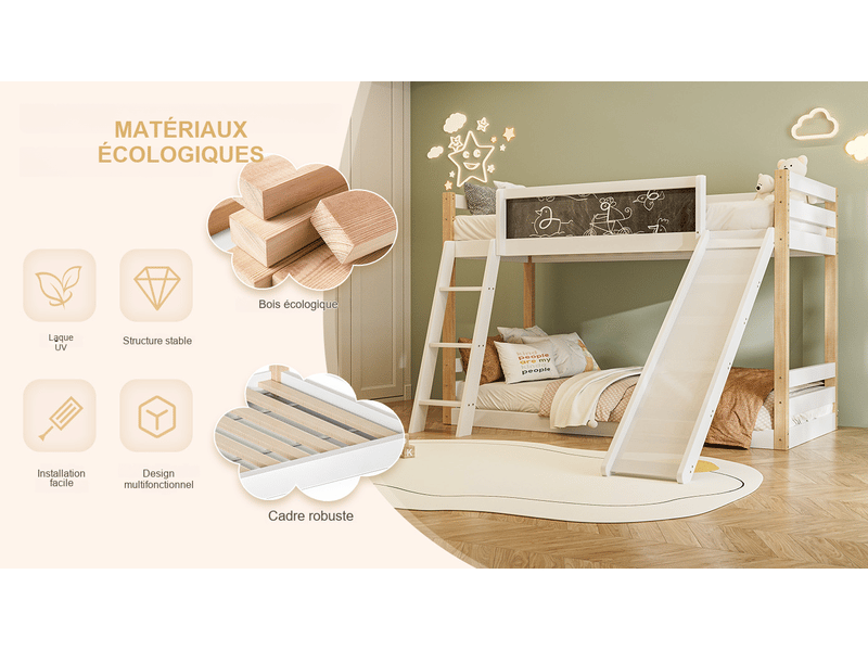  Lit superposé enfant en bois blanc 90x190200 cm avec toboggan, échelle et tableau, 204 x 210 x 127,5 cm  - Conforama R