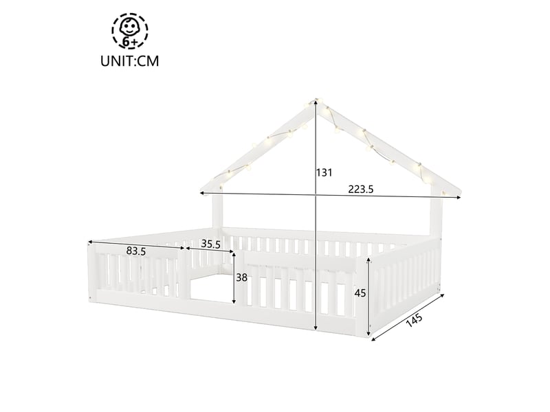  Lit cabane enfant 140x200 cm, lit au sol avec barrières et led, blanc, sans matelas  - Conforama C