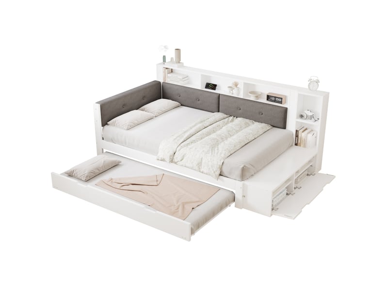  Lit gigogne tcqpz 120 x 200 cm avec couchage coulissant 90 x 190 cm rangement et base de chargement bois blanc et gris  - Conforama A