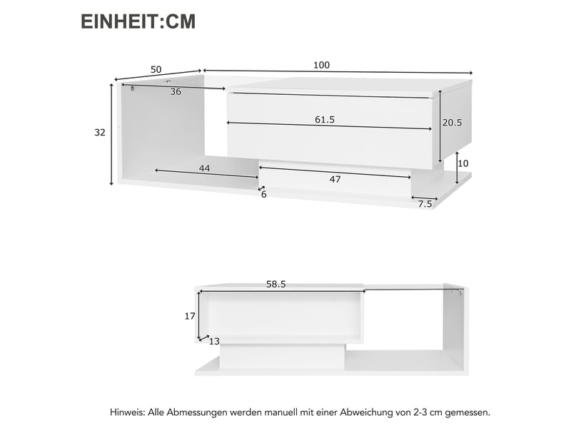 Table basse de salon blanche finition brillante avec plateau en verre et éclairage led - 1 tiroir - 100x50x32 cm - Conforama C