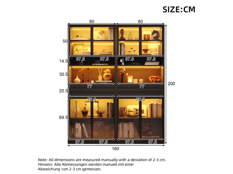  Vitrine 4 portes en verre, 1 tiroir et éclairage led rgb par application pour salon, en mdf noir, 80 × 35 × 200 cm  - Conforama D