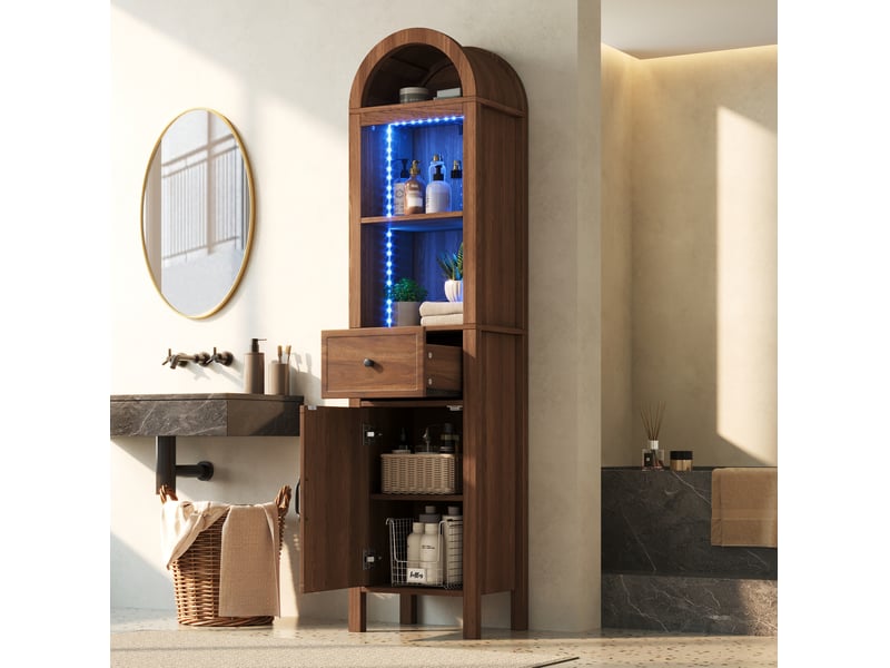  Armoire haute de salle de bain avec led, porte réversible, tiroir et rangements ouverts en mdf noyer 40 × 30 × 163 cm  - Conforama B