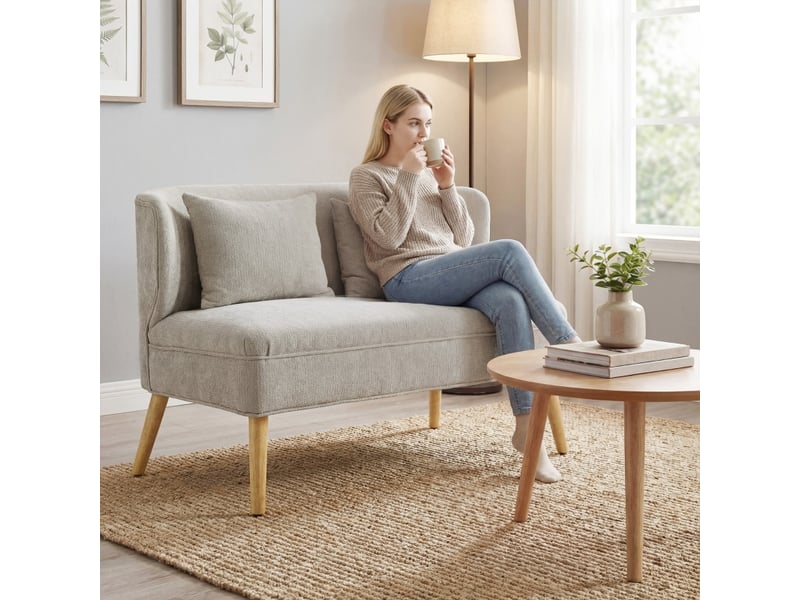  Canapé droit 2 places 117x65x78,5cm dossier à oreilles | style rétro chic tissu chenille et pieds bois | assise épaisse 23cm charge 220kg - beige  - Conforama B