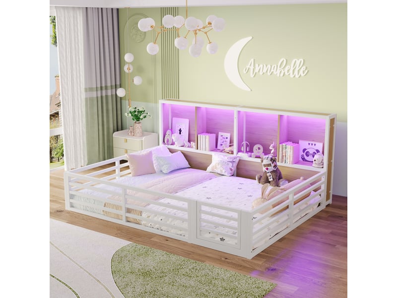  Lit à barrière 140 x 200cm avec rangement latéral, sommier à lattes, sans matelas, led, blanc, structure mdf et métal  - Conforama D