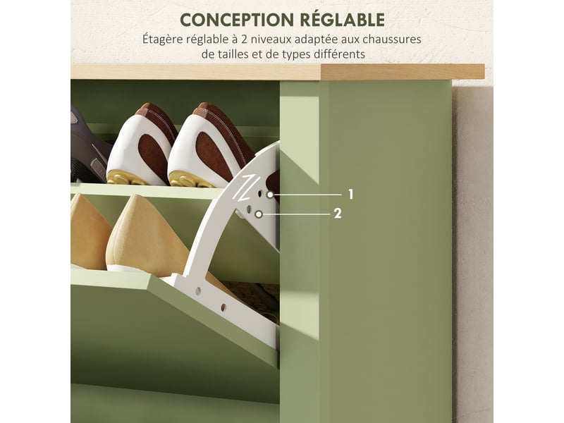  Meuble à chaussures 12 paires, vert, armoire à chaussures étroite avec 2 tiroirs rabattables et étagères réglables  - Conforama E