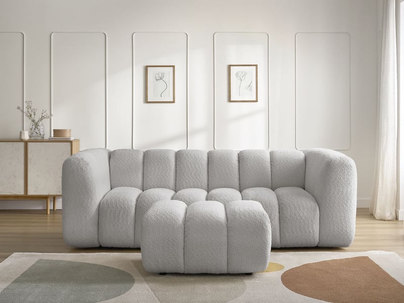  Bobochic canapé droit fixe 3 places talia tissu bouclette avec pouf gris clair TALIA - Conforama D