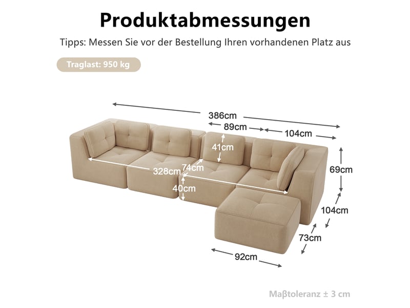 Canapé modulable, canapé 4 places – en velours tricoté, sans cadre, sans montage, beige, base antidérapante, assise profonde - Conforama E