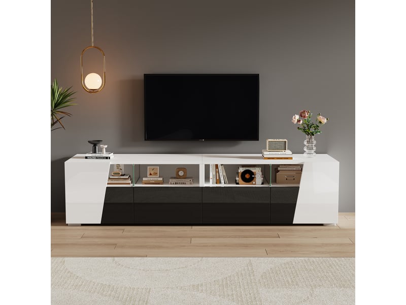  Meuble tv blanc et noir brillant led 180x38,5x45 cm - 2 tiroirs, 2 portes, étagères  - Conforama B