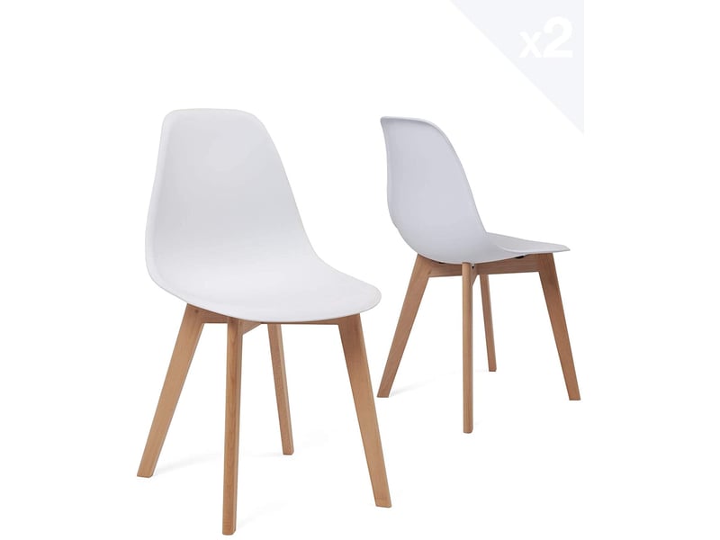  Lot de 2 chaises de cuisine scandinaves nao blanches avec pieds hêtre clair  - Conforama A