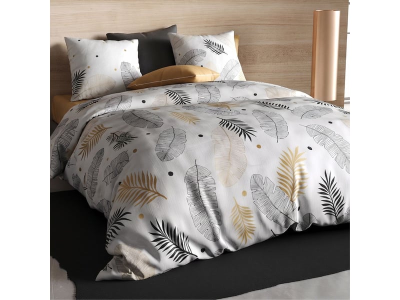  Parure housse de couette 240x220cm + 2 taies motif feuillage blanc, noir et or 100% coton - volkia VOLKIA - Conforama D