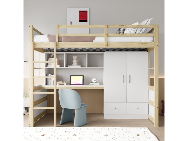  Lit mezzanine 90x200 cm, bureau avec rangements, armoire et tiroirs intégrés, échelle, sommier à lattes, bois massif, coloris bois naturel  - Conforama B