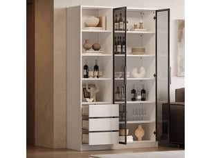 Vitrine 3 tiroirs meuble de rangement design blanc 2 portes vitrées droites en verre trempé tablette réglable en hauteur éclairage led intégré