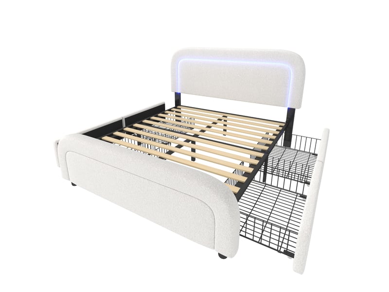  Lit double 160x200 cm en sherpa blanc avec usb-c, led, 4 tiroirs et matelas inclus  - Conforama D