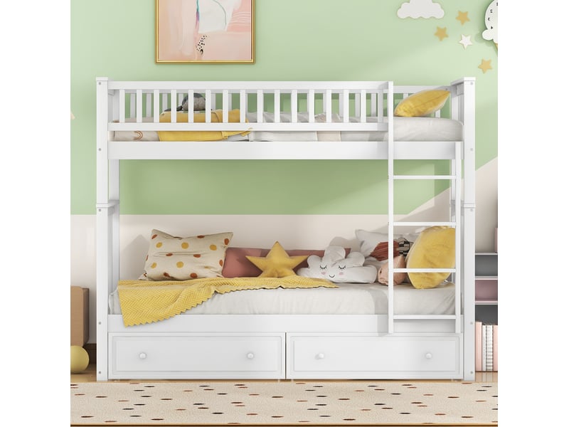 Lit superposé 90 x 200 cm convertible en deux lits avec 2 tiroirs en pin, blanc - Conforama D