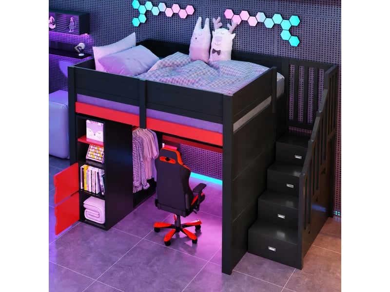  Lit mezzanine gamer 140x200 avec bureau, rangements, led et escalier, noir et rouge  - Conforama C