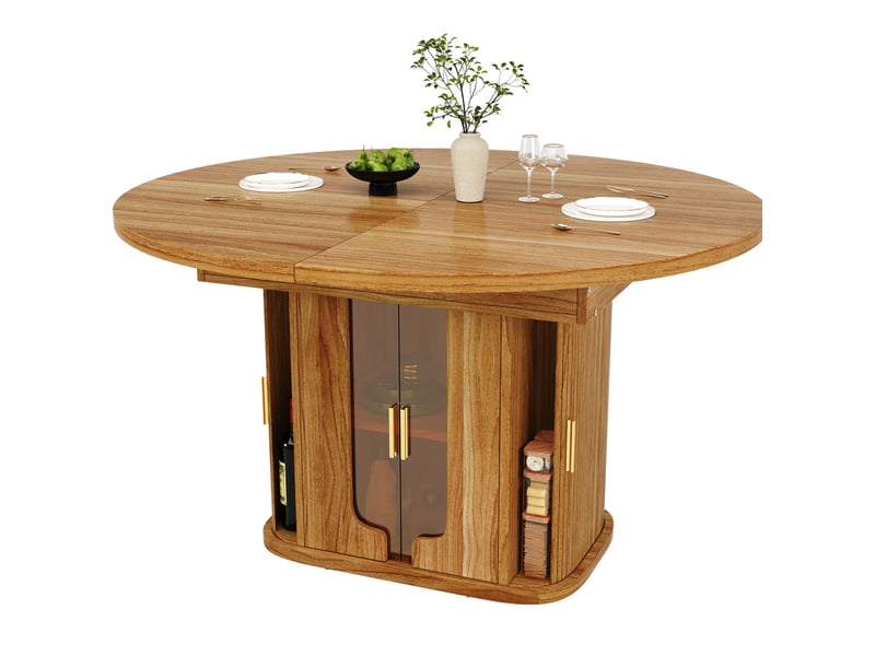  Table de salle à manger ronde, 118x118x77 cm, extensible 6 places pour 6 personnes, repas, pratique, mdf, coloris noyer  - Conforama A