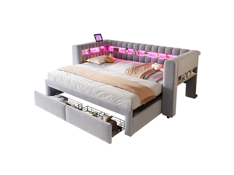  Lit gigogne 90 × 190 cm avec 2 tiroirs, rangements intégrés, led et ports usb type c, velours gris clair pour chambre  - Conforama A