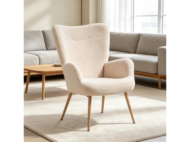  Fauteuil lounge 71x74x97.5cm – sessel individuel avec dossier haut ergonomique et accoudoirs intégrés – peluche et tissu - beige  - Conforama E