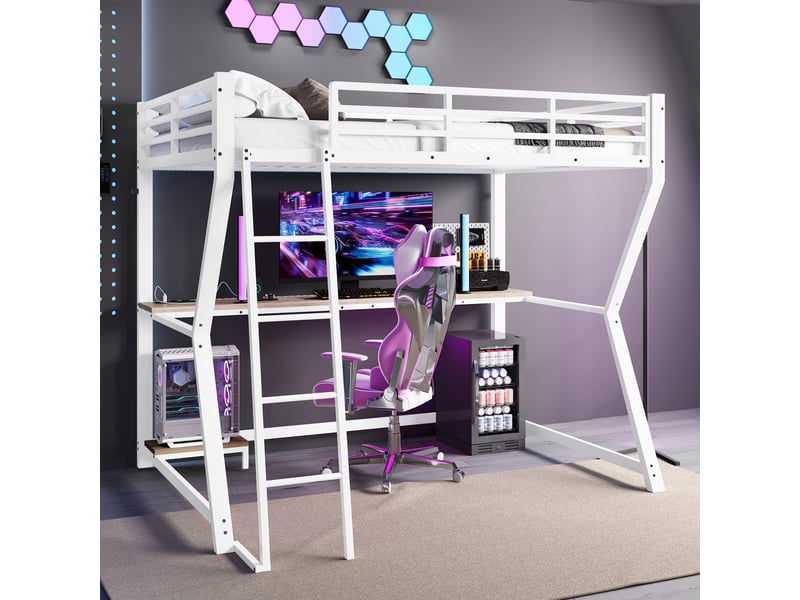  Lit mezzanine lit simple 90x200 cm en métal et mdf avec bureau, led, prise, usb et escalier, sans matelas, blanc  - Conforama C