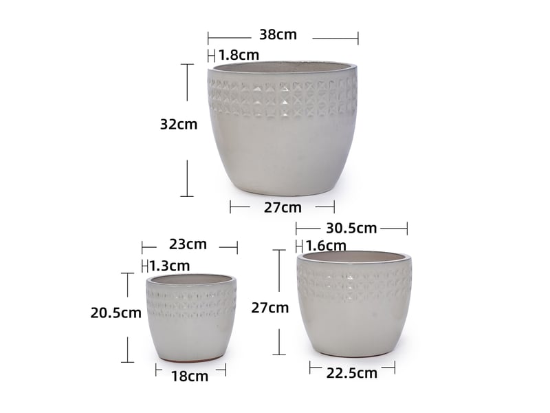  Lot de 3 pots de fleurs en céramique ø3830,523 cm – blanc crème – drainage et relief triangulaire géométrique  - Conforama C