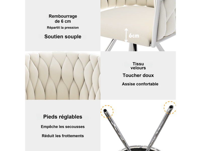 Chaise de salle à manger pivotante 360° en velours beige et métal argenté, lot de 4, dossier enveloppant  - Conforama D