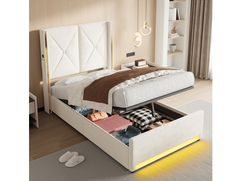  Lit coffre 90x200 cm avec led et ports usb et type c en velours beige  - Conforama C