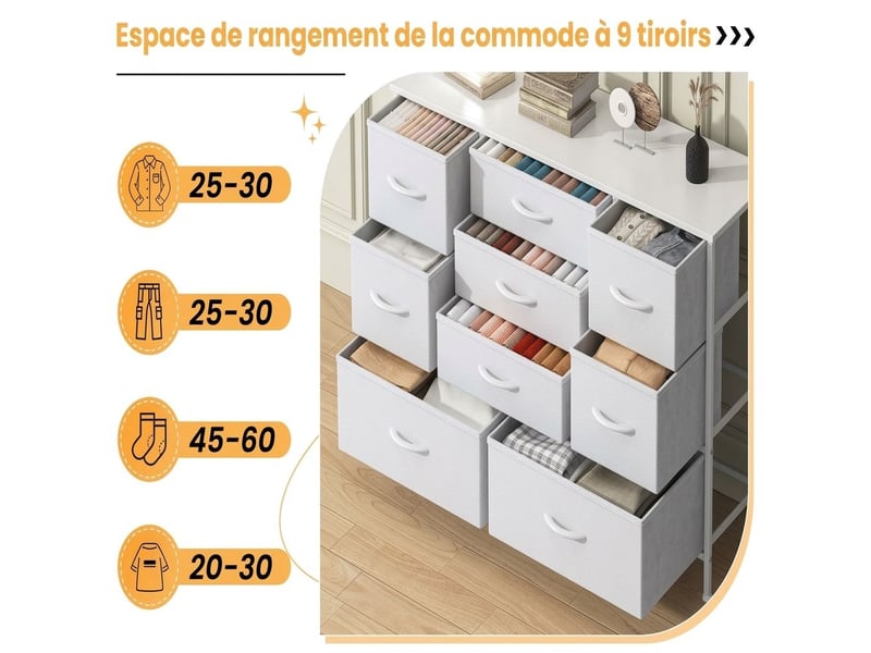 Chiffonnier neuf tiroirs tissu blanc meuble de rangement 76 cm moderne  - Conforama D
