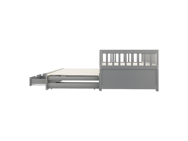  Lit banquette avec lit gigogne et 2 tiroirs, bois massif gris, 90x200 cm, barrières et sommier  - Conforama E