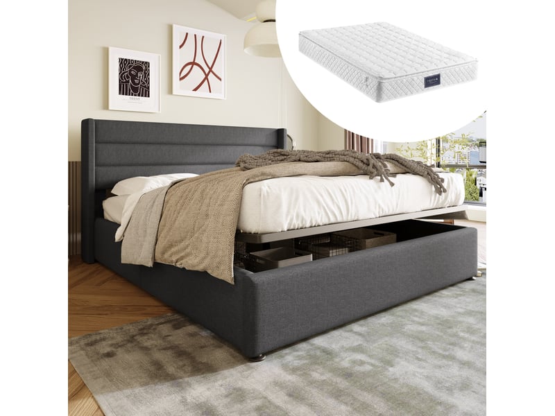 Lit coffre tcqpz 160 x 200 cm rembourré hydraulique gris en lin - Conforama B