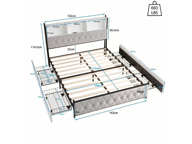  Dreammespace lit coffre rangement 140x200 cm - lit double avec 4 tiroirs &amp; tête de lit étagère led prise usb, velours beige DreamMespace - Conforama E