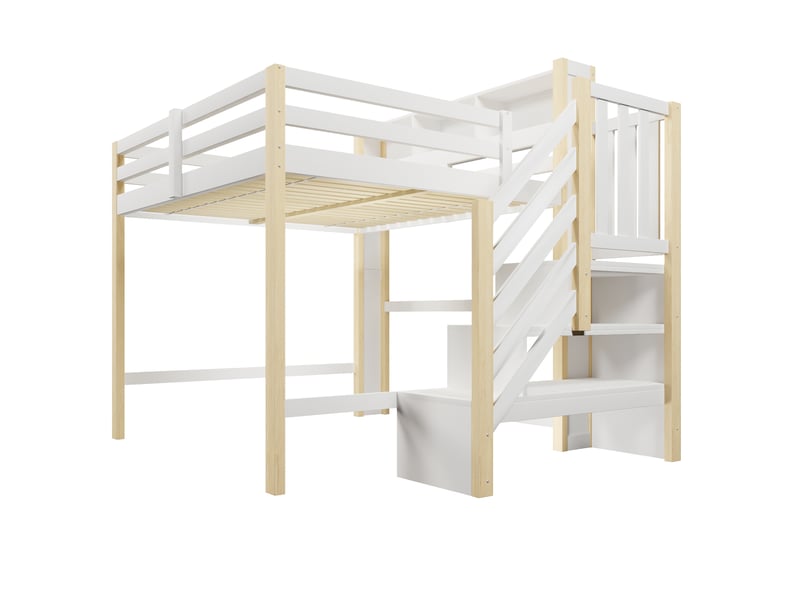 Lit mezzanine blanc et naturel 140x200 cm, led, espace inférieur et escalier-rangement - Conforama E
