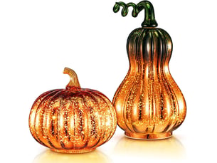 Lot de 2 lampes citrouille led en verre, couleur dorée, fonctionnant sur piles, décoration halloween pour la maison