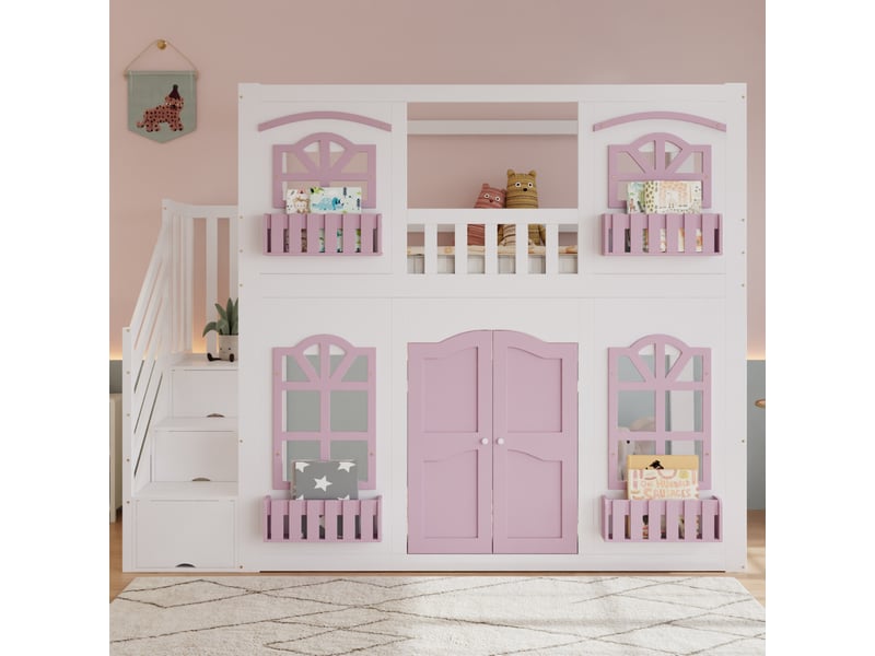  Lit mezzanine enfant 90x200 cm, escalier rangement, fenêtres en acrylique, bois et mdf, blanc et rose, sans matelas  - Conforama D