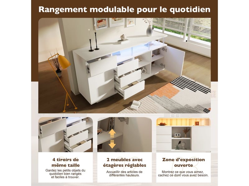 Buffet avec éclairage intégré led, 4 tiroirs, 2 portes, blanc, 160 x 40 x 75 cm - Conforama D