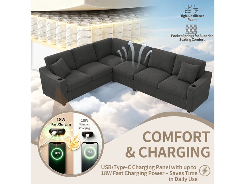 Canapé d’angle modulaire 6 places avec usb type-c - porte-gobelets, velours côtelé - gris - Conforama E