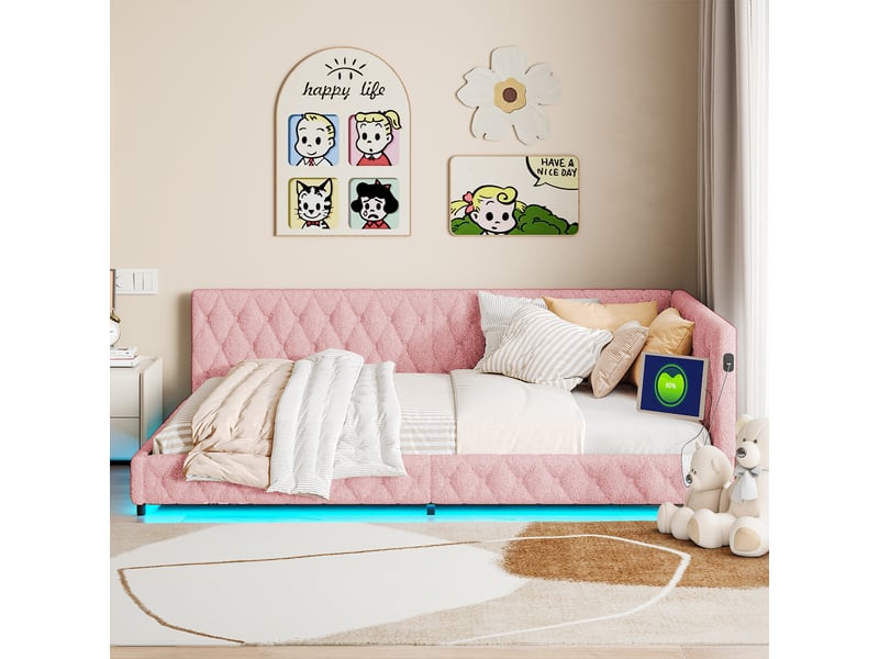 Lit 140x200 cm avec led et usb,canapé lit d'angle, lit fille 140x200 ,lit adulte avec sommier à lattes, teddy velvet,rose - Conforama D