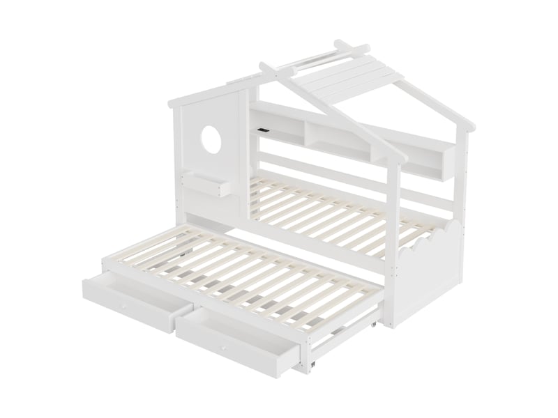  Lit enfant 90x200 avec tiroirs et lit gigogne 90x190, design maison, led, ports usb et type-c, blanc  - Conforama R