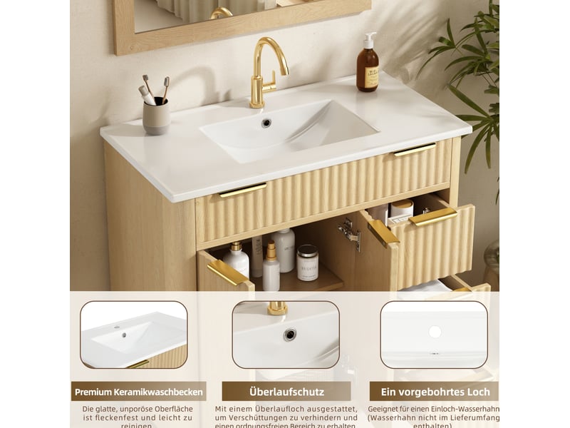  Meuble sous-vasque 81x47x90 cm, 3 tiroirs, 2 portes, décor bois naturel  - Conforama E