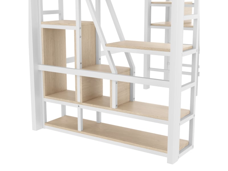 Lit mezzanine 140x200 cm en fer blanc – rangement intégré, marches led, échelle, sécurité, dessous, matelas non inclus  - Conforama E
