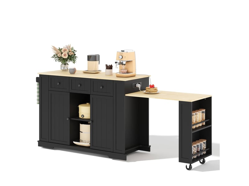  Desserte de cuisine avec table extensible, 2 portes, 2 tiroirs, étagères et prises noire et naturelle 138 × 55 × 93 cm  - Conforama A