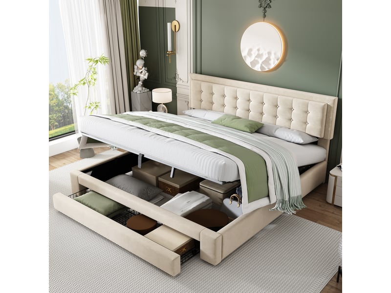  Lit double 180x200 cm, cadre de lit, sommier à lattes, coffre de rangement, tiroirs, velours beige  - Conforama C