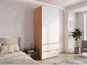 Armoire de chambre, 2 portes battantes, 2 tiroirs, mdf et particules, 90 × 50 × 200 cm, blanc et effet chêne
