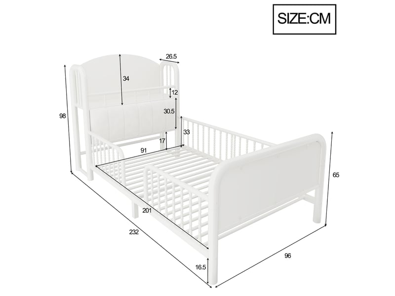  Lit enfant en métal blanc 90 x 200 cm avec barrières de sécurité, tête de lit avec rangement et éclairage led  - Conforama E
