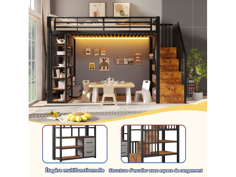 Lit mezzanine 90x200 cm, escalier rangement, 2 tiroirs, led, métal et mdf, noir et blanc, sans matelas - Conforama D