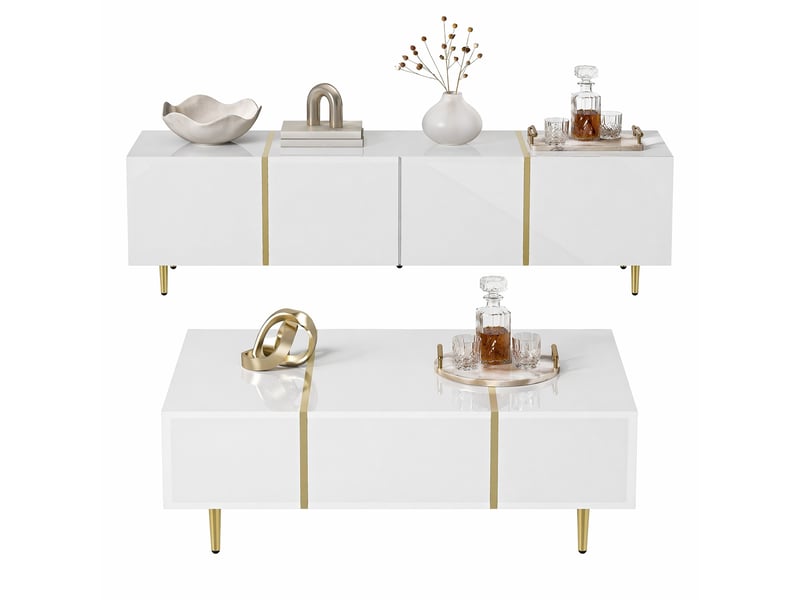  Ensemble meuble tv et table basse modenvie blanc brillant mdf avec rangements et accents dorés  - Conforama A