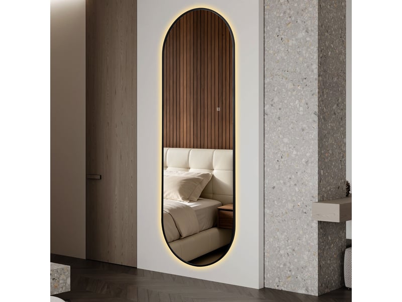 Miroir de plain-pied - 150x50 cm - miroir en pied capsule avec cadre en aluminium noir, led rétroéclairé et variateur - noir - Conforama D