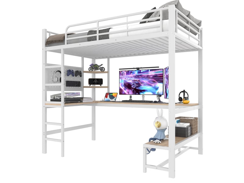  Lit mezzanine 90x200 cm avec bureau, led et prise usb type c en métal et mdf blanc  - Conforama A