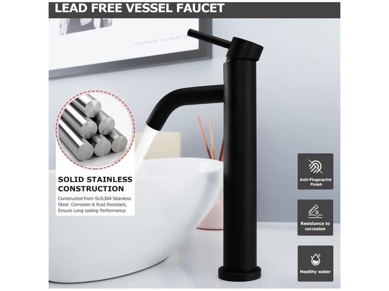  Tall salle de bain robinet single handle vessel évier robinet one hole bowl lavabo mixer avec water supply lines, matte noir  - Conforama C