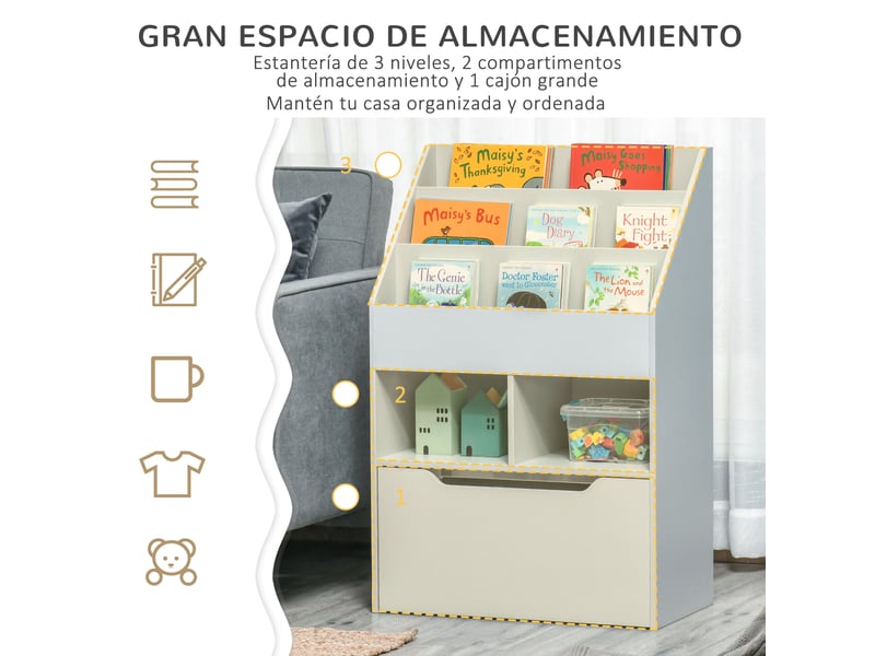Bibliothèque enfant en bois avec 3 compartiments, 2 cubes et tiroir mobile à 4 roulettes, 60 x 29,9 x 90 cm, grise - Conforama E
